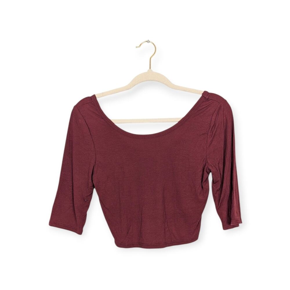 Project Social T Wine Red Ribbed Half Sleeve Crop Top Size L